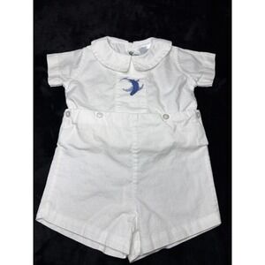 Vintage 1970s Infant Boy's Adorable 2 Piece Button Embroidered White 18 Months
